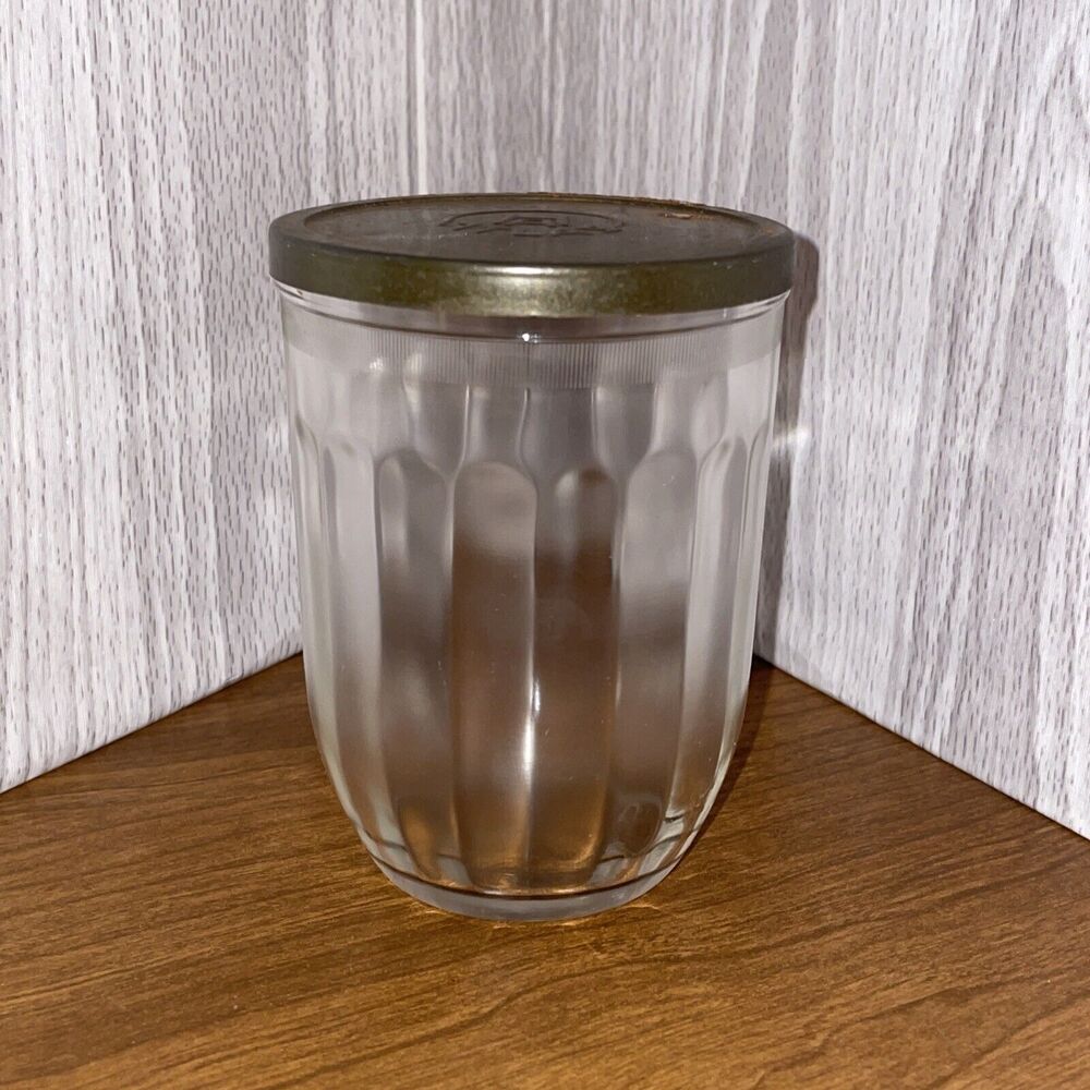 Vintage Hazel Atlas Jelly Glass Jar Metal Tin Lid Dish Signed Lid & Jar 8 Ounces